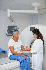 Image showing Doctor, mri and woman holding hands of patient in hospital before scanning in machine. Ct scan, comfort or medical professional with senior female person in radiology test for healthcare consultation