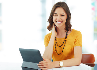 Image showing Business woman with tablet, portrait and research ideas for inspiration for project at digital marketing agency. Creative female designer with smile, professional mindset and web design with tech