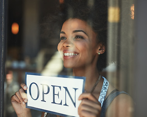 Image showing Open sign, restaurant store window and happy woman, small business owner or manager with cafe poster for welcome. Commerce billboard, startup coffee shop and female waitress for retail sales service