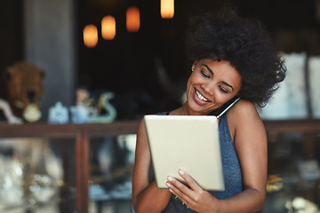 Image showing Cafe store, tablet and happy woman in phone call communication with retail supplier, business contact or caller. Hospitality, conversation and person speaking, talk and chat in coffee shop restaurant