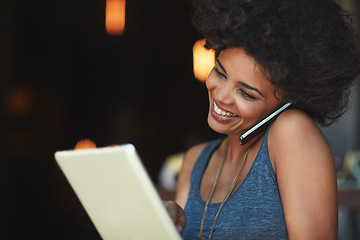 Image showing Coffee shop, phone call and happy woman reading tablet date, digital inventory checklist or online delivery order. Communication, conversation and store manager talking in store, restaurant or cafe