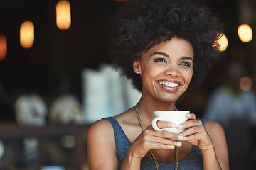 Image showing Cafe, smile or woman with tea drink, hot chocolate or latte for morning hydration, wellness and drinking espresso. Happiness, relax or happy female customer in coffee shop, restaurant or retail store