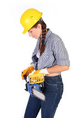 Image showing Beauty woman with chainsaw