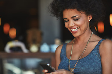 Image showing Phone communication, restaurant and happy woman typing, networking and search website, app or check digital cafe menu. Coffee shop mockup, mobile and female customer texting, message or contact user