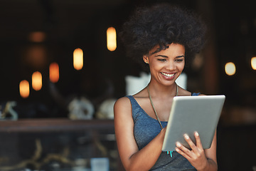 Image showing Smile, tablet and woman reading cafe data, customer experience feedback or happy for income, revenue or sales statistics. Online restaurant report, small business and female person with store success