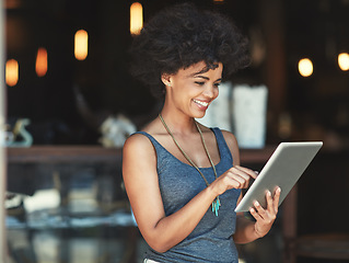 Image showing Tablet, typing and happy woman reading restaurant insight, review or smile for income, revenue or retail sales. Coffee shop report, small business growth and female manager with cafe store success