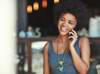 Image showing Coffee shop, smile and happy woman in phone call communication, funny conversation or discussion. Commerce restaurant, consulting and female person speaking, laugh and talking to cafe store contact