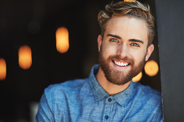 Image showing Smile, face portrait and restaurant man, coffee shop boss or small business owner happy for start up success. Leaning on doorway, retail store and hospitality person smiling for commerce cafe service