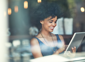 Image showing Tablet, coffee shop window or happy woman with online insight, positive feedback and smile for cafe service review. Customer research, growth statistics and retail person with restaurant sales income