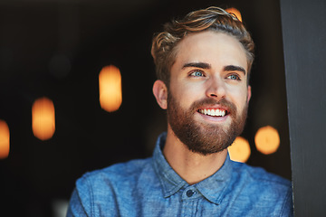 Image showing Happy, thinking and cafe man, restaurant manager or small business owner contemplating plan, retail growth or success. Startup entrepreneur, coffee shop idea or person dream of commerce store service