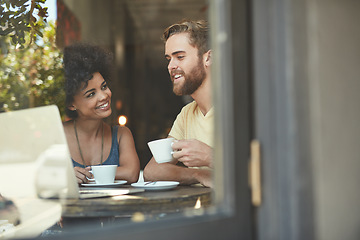 Image showing Restaurant window, coffee and happy people, couple of friends or customer talking, speaking and on Valentines Day date. Tea shop drinks, conversation and man and African woman in retail cafe store