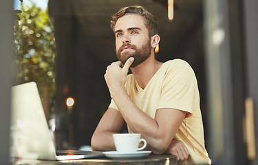 Image showing Cafe laptop, focus and man thinking of idea, problem solving solution or hospitality decision, tea choice or brainstorming. Coffee shop, male freelancer or restaurant customer thoughtful over retail