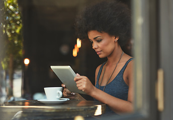 Image showing Tablet reading, focus and cafe woman, customer or freelance worker doing online project, research or report article. Review, analysis and person check restaurant, coffee shop or store sales insight