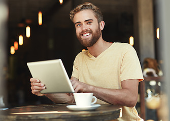 Image showing Cafe portrait, tablet and happy man work on online project, research or review restaurant, store or coffee shop service. Smile, happiness and person working on hospitality insight, data or statistics