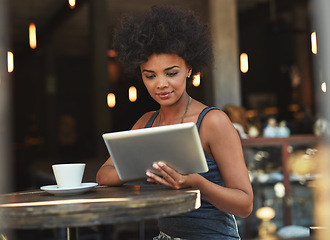 Image showing Tablet reading, typing and coffee shop woman, retail customer or manager doing hospitality research for startup growth. Review, analysis and person check restaurant, cafe or store sales statistics