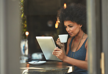 Image showing Cafe shop, tablet and woman reading project data, research insight or small business report of monthly sales income. Hospitality, coffee store and female manager drinking tea beverage in restaurant