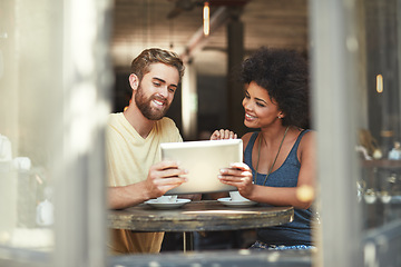 Image showing Cafe store, tablet and happy people teamwork on project, research or customer experience report in retail coffee shop. Partnership, collaboration or diversity team doing internet search in restaurant