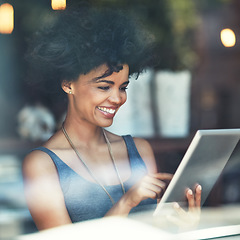 Image showing Happiness, cafe window or woman with tablet insight, hospitality feedback and manager happy for startup project. Entrepreneurship, small business owner and retail person with restaurant sales revenue