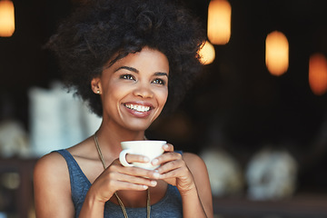 Image showing Restaurant, thinking or happy woman with tea cup drink, contemplating and choice of hot chocolate, latte or espresso. Happiness, drinking or female customer relax in coffee shop, store or retail cafe