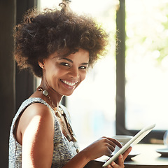 Image showing Restaurant portrait, smile or happy woman with tablet research, coffee shop service and typing monthly cafe report. Freelance work, customer satisfaction and retail person working in tea store