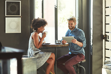 Image showing Tablet, coffee shop teamwork and happy team conversation about retail news, restaurant customer sales or cafe store service. Reading web summary, diversity partner and people plan franchise growth