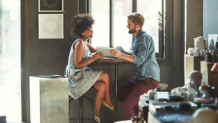 Image showing Tablet, cafe collaboration and happy people talk about retail news, restaurant customer sales or coffee shop data. Store conversation, partner cooperation discussion or team planning franchise growth