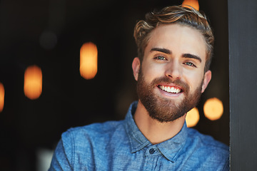 Image showing Happy, face portrait and cafe man, coffee shop manager or small business owner with smile for startup success. Entrepreneur pride, retail store and person confident in commerce restaurant service