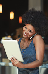 Image showing Coffee shop, tablet or happy woman in phone call discussion with retail supplier, business contact or person. Communication, inventory checklist and store manager talking in store, restaurant or cafe