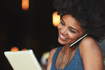 Image showing Restaurant, phone call and happy woman reading tablet date, online statistics or taking to delivery order. Entrepreneur discussion, happiness or store manager consulting in store, coffee shop or cafe