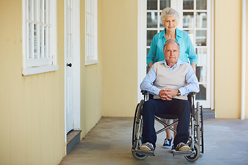 Image showing Portrait, old woman or senior man wheelchair in retirement home helping push husband for support. Happy people, mature couple or elderly lady with a mature person with a disability in house