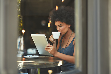 Image showing Tea shop, tablet and business woman reading project data, research statistics or start up restaurant report of sales revenue. Analysis, coffee store and female manager drinking tea, beverage or drink