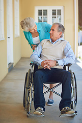 Image showing Push, old woman or old man wheelchair in retirement or nursing home helping husband for support. Talking, mature couple or elderly wife with a senior person with a disability in house or clinic