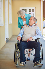 Image showing Talking, old woman or senior man wheelchair in retirement or nursing home helping husband for support. Wellness, couple or elderly wife pushing a mature person with a disability in house or clinic