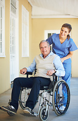 Image showing Portrait, nurse or happy old man in wheelchair in hospital clinic helping an elderly patient for trust or support. Happy, smile or healthcare caregiver talking to senior person with a disability