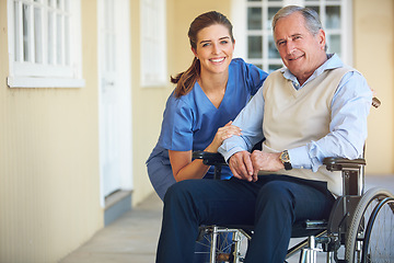 Image showing Portrait, caregiver or old man in a wheelchair in hospital helping an elderly patient for support in clinic. Happy, medical or healthcare social worker talking to a senior person with a disability