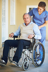 Image showing Portrait, nurse or old man in wheelchair in hospital helping an elderly patient for trust or support in clinic. Happy, caregiver or healthcare social worker talking to senior person with a disability