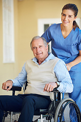 Image showing Portrait smile, caregiver or old man in wheelchair in hospital clinic helping an elderly patient for trust or support. Medic, happy or healthcare caregiver pushing an senior person with a disability