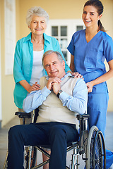 Image showing Portrait of wife, caregiver or old man in wheelchair in hospital clinic helping an elderly patient for support. Happy, couple or trusted healthcare nurse smiling with senior people with a disability