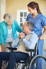 Image showing Elderly wife, caregiver or old man in a wheelchair in hospital clinic helping a happy patient for support. Smile, mature woman or healthcare social worker talking to a senior person with a disability