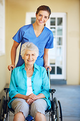 Image showing Portrait, nurse or happy old woman in wheelchair in hospital clinic helping an elderly patient for support. Trust, smile or healthcare medical caregiver talking to a senior person with a disability