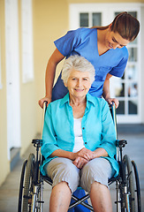 Image showing Portrait, caregiver or happy old woman in wheelchair in hospital clinic helping an elderly patient for support. Trust, smile or healthcare medical nurse talking to a senior person with a disability