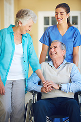 Image showing Wife, nurse laughing or old man in wheelchair in hospital clinic helping an elderly patient for support. Funny, happy or healthcare nurse with senior person with a disability and woman holding hands