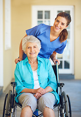 Image showing Portrait, nurse or happy senior woman in wheelchair in hospital clinic helping an elderly patient for support. Trust, smile or healthcare medical caregiver smiling with mature person with disability