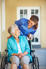 Image showing Talking, nurse or happy old woman in wheelchair in hospital clinic helping an elderly patient for support. Trust, smile or healthcare medical caregiver speaking to a senior person with a disability