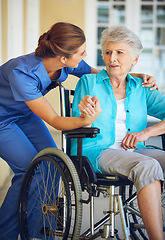 Image showing Communication, caregiver or old woman in a wheelchair in hospital helping an elderly patient for support. Speaking, disabled or healthcare social worker talking to a senior person with a disability