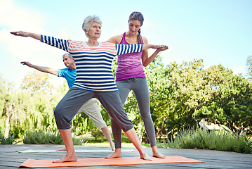 Image showing Nature, elderly people and yoga coach, woman or personal trainer teaching exercise, outdoor workout or fitness. Instructor, wellness couple and old person learning pilates, training or health balance