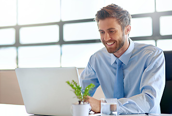 Image showing Laptop, happy and research with a business man in the office and working online to finish a project at his desk. Computer, technology and email with a young male employee at work for company reading