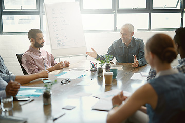 Image showing Group, corporate and staff brainstorming, planning and conversation for profit growth, training for development and teamwork. Employees, meeting and manager with business people and project success