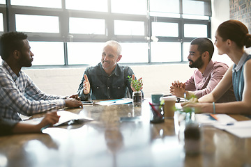 Image showing Startup success, leader and employees in a meeting, planning and communication for corporate training. Management, happy staff and group with teamwork, coaching and brainstorming with business people