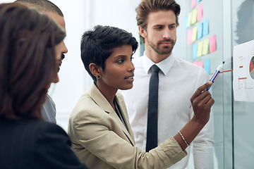 Image showing Business woman, charts and group at whiteboard talking about training and growth plan. Working, communication and management of a female leader with writer team with teamwork planning and data